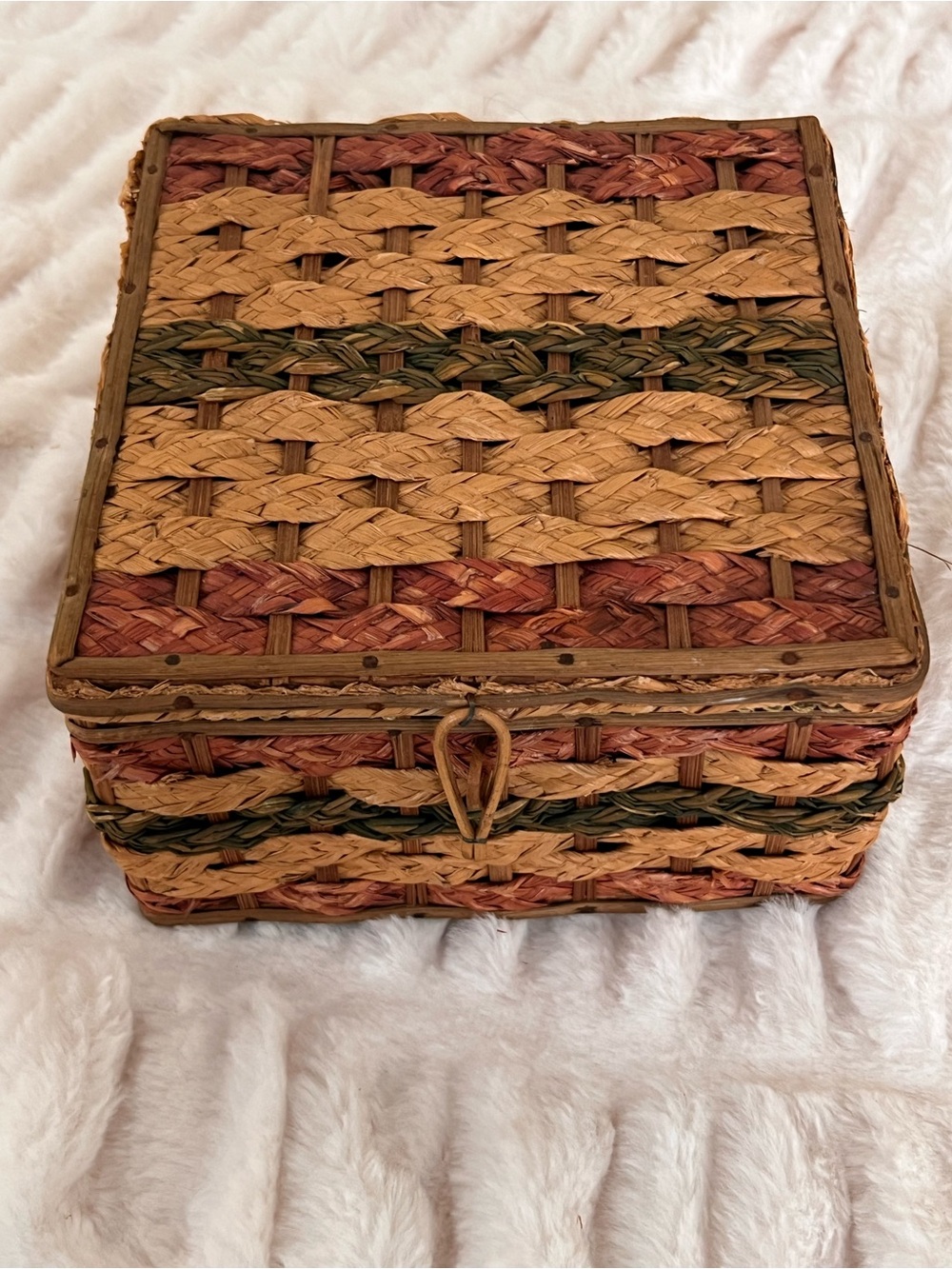 Vintage 1960s Braided Basketweave Sewing Chest Green Trim Satin Interior
